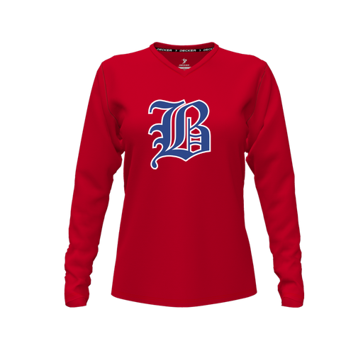 [CUS-DFW-TEES-PER-VNK-LSL-RED-FYXS-LOGO2] Performance T-Shirt (Female Youth XS, Red, V Neck, Logo 2, Long Sleeve)